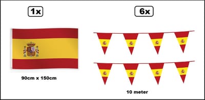 6x Spanje vlaggenlijn 10 meter + Spanje vlag 90cm x 150cm - Landen festival thema feest fun verjaardag WK