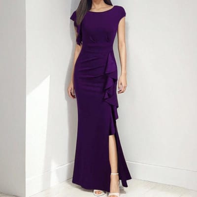 Lente Nieuwe Stijl Elegant Sexy en Modieus Effen Kleur Ronde Hals Gerimpelde Damesjurk 2XL paars