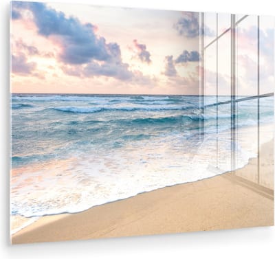 MuchoWow® Glasschilderij 120x90 cm - Schilderij acrylglas - Strand - Wolken - Pastel - Foto op glas - Muurdecoratie woonkamer - Wanddecoratie slaapkamer - Schilderijen