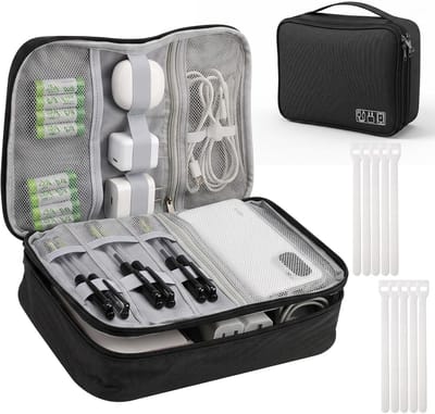 Grote waterdichte kabelorganizer met uitneembare scheidingswand voor elektronica, ideaal voor oplaadkabels, powerbank en reisaccessoires, inclusief 10 kabelbinders