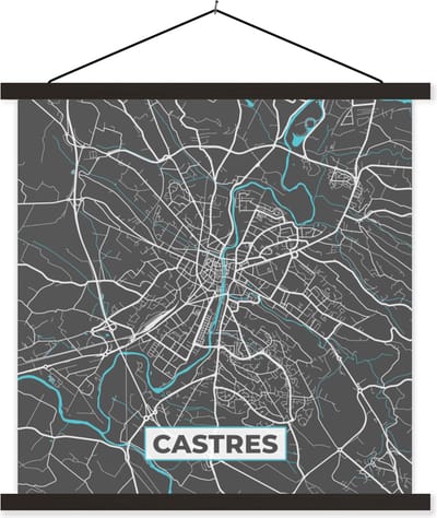 Posterhanger incl. Poster 60x60 cm - Schoolplaat - Castres - Frankrijk - Stadskaart - Kaart - Plattegrond - Textielposter - Zwarte latten - Stadskaart