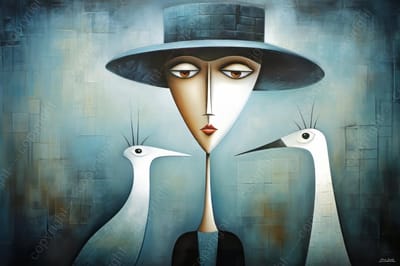 John Joseb Art (Glas) 60x40 | Vrouw met vogels, modern minimalisme, abstract, kunst, woonkamer | mens, portret, blauw bruin, oranje, wit | Foto-schilderij-glasschilderij-acrylglas-acrylaat-wanddecoratie