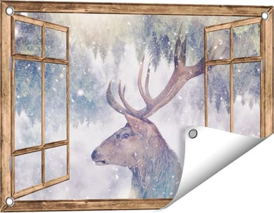Gards Tuinposter Doorkijk Hertenkop - Hert op een Bomen Achtergrond - 60x40 cm - Tuindoek - Tuindecoratie - Wanddecoratie buiten - Tuinschilderij