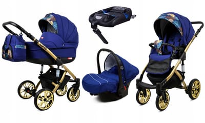 BabyLux® Kinderwagen 4in1 – LUMIO - SAILOR BLUE GOLD FRAME - Opklapbare Wandelwagen incl. Reiswieg, Multifunctionele Buggy Sportstoel, Autostoel, ISOFIX basisstation - Combi-kinderwagen met Luiertas, Regenhoes, Klamboe