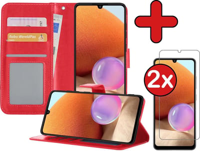 Hoesje - Met 2x Screenprotector - Geschikt voor Samsung Galaxy A32 4G - Luxe Pasjeshouder - Flip Case - Bookcase Portemonee - Kunstleer Book Case - Flipcase Hoes - Book Cover - Walletcase - Portemonneehoes - Telefoonhoes - Rood