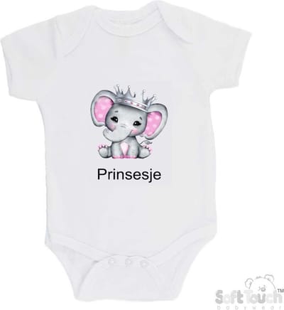100% katoenen Romper Olifant met Kroontje Prinsesje Katoen Wit Print Zwart Maat 56/62