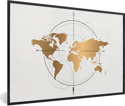 Poster in lijst - Fotolijst 90x60 cm - Posters - Wereldkaart - Goud - Kompas - Kinderen - Jongens - Meisjes - Posterlijst zwart - Decoratie - Wanddecoratie woonkamer - Muurdecoratie slaapkamer