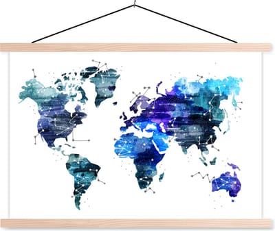 Wereldkaart Blauw Sterren Hemel schoolplaat platte latten blank 150x100 cm - Foto print op textielposter (wanddecoratie woonkamer/slaapkamer)