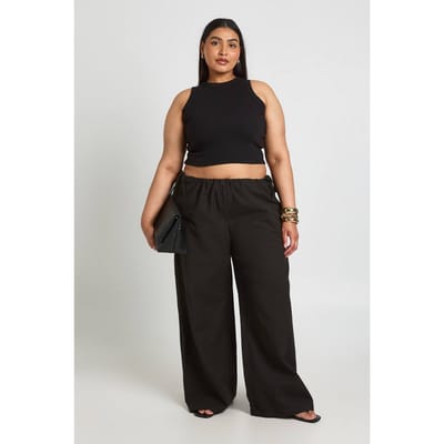 boohoo Dames Plus Linnen Broek Met Wijde Pijpen, Lage Taille En Strikdetail Aan De Zijkant | Zwart | Maat: 44