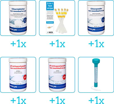 Zwembad Onderhoudspakket - Onderhoud Zwembad - bevat Chloor - Testrips - Chloor - PH-min - PH-plus en Thermometer (6-delig)