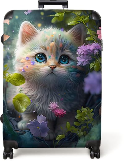 NoBoringSuitcases.com® - Koffer groot - Reiskoffer lichtgewicht - Kitten - Bloemen - Bos - Illustratie - Poes - Rolkoffer met 4 wielen - Grote trolley XL - 98 liter bagage