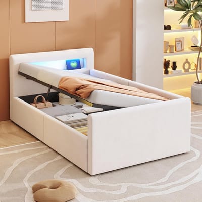 Modern Tweepersoonsbed 90x200 met Opbergruimte en LED Verlichting