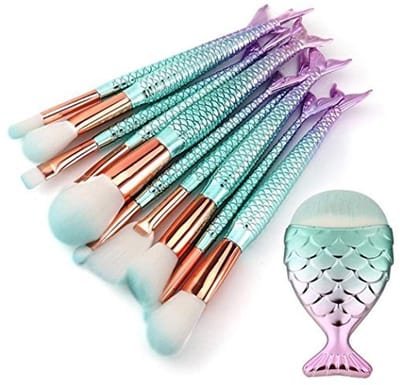 Allecto - 10-delige make-upborstelset - Professionele make-upborstels - Zeemeermin design - Cosmetische borstels - Perfect voor beauty liefhebbers ...