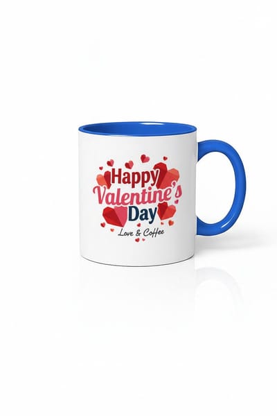 Valentijn Mok "Happy Valentine's Day Love & Coffee" met Blauwe Rand en Oor