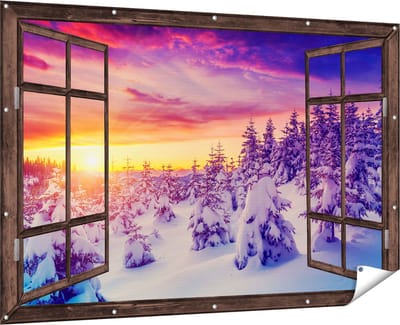 Gards Tuinposter Doorkijk Zonsondergang in het Sneeuw Bos - 180x120 cm - Tuindoek - Tuindecoratie - Wanddecoratie buiten - Tuinschilderij
