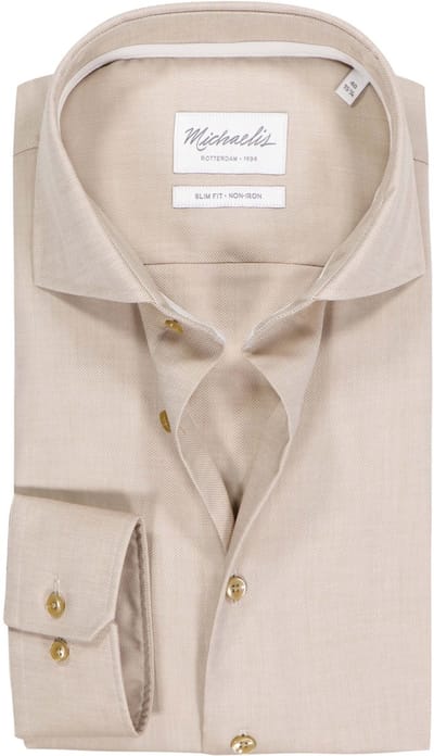 Michaelis slim fit heren overhemd - structuur - beige - Strijkvrij - Boordmaat: 41 (EU maat: L)