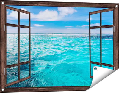 Gards Tuinposter Doorkijk Blauwe Caribische Zee Water - 90x60 cm - Tuindoek - Tuindecoratie - Wanddecoratie buiten - Tuinschilderij