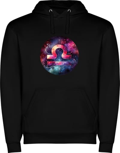 Zwarte unisex hoodie met “ Kleurrijke Sterrenbeeld Weegschaal – Astrologie – Horoscoop – Zodiac Signs “ Print Full Color Color merk Roly maat S
