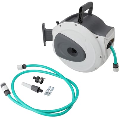 Enrouleur de tuyau d'arrosage rétractable 65,6 pieds 1/2 pouce tuyau n'importe quelle longueur verrouillage rembobinage automatique support pivotant mural white