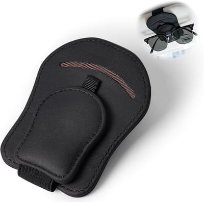 Famanu – Brilhouder voor in de auto - leren zonnebrilhouder voor de auto - sterke magneet - fixeert bril - veilig zonder te wiebelen - universeel voor zonneklep - organizer - eenvoudig met één hand (zwart)