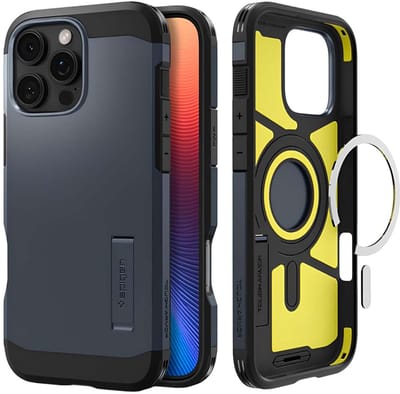 Spigen Tough Armor Hoesje Geschikt voor Apple iPhone 16 Pro Max | Compatibel met MagSafe | Back Cover Militaire Standaard | Kickstand | Metal Slate