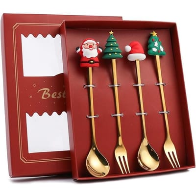4 STUKS Kerst Lepel Vork Set Roestvrij Staal Kerstman Kerstboom Vormige Decor Tafelgerei voor Thuis with Red Box