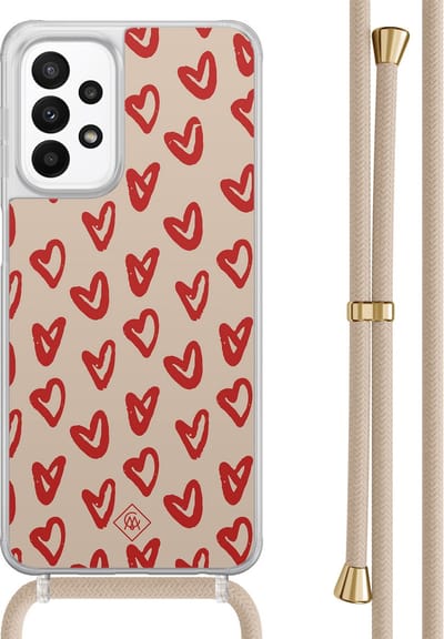 Casimoda® hoesje met beige koord - Geschikt voor Samsung A23 - Hartendief - Afneembaar koord - TPU/acryl - Bruin/beige
