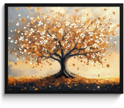 Poster in lijst - Fotolijst 70x50 cm - Posters - Herfst - Boom - Oranje - Bladeren - Levensboom - Abstract - Posterlijst zwart - Decoratie - Wanddecoratie woonkamer - Muurdecoratie slaapkamer