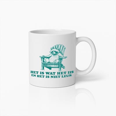 Grappige Wasbeer Mok – “Het Is Wat Het Is en Het Is Niet Leuk” – 330ml Sarcastische Keramische Beker – Humoristisch Cadeau voor Realisten & Koffieliefhebbers