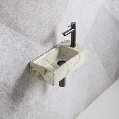 Fonteinset Mia 40.5x20x10.5cm marmerlook wit groen rechts inclusief fontein kraan, sifon en afvoerplug gun metal