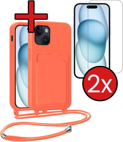 Hoesje Geschikt voor iPhone 15 Plus Hoesje Met Telefoonkoord en Pasjeshouder Met 2x Screenprotector Siliconen - Hoes Geschikt voor iPhone 15 Plus Hoesje Met Kaarthouder Case - Papaya