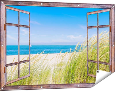 Gards Tuinposter Doorkijk Strand en Zee met een Zeilboot - 120x80 cm - Tuindoek - Tuindecoratie - Wanddecoratie buiten - Tuinschilderij