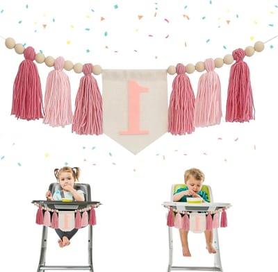 Verjaardag Banner - Eerste Verjaardag Decoratie - Kinderfeestje Viering - Gebreide Stof Kwaliteit - 47m Touwlengte - Roze Wit