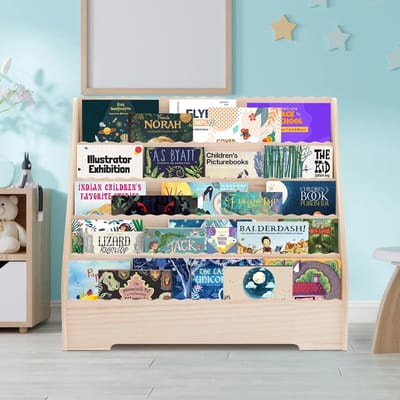 5-laags kinderboekenplank met opbergruimte- houten- multifunctionele organizer voor verhalenboeken- plank voor kleurboeken voor de kinderkamer- houtkleur