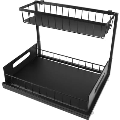 Onder Spoelbak Organizer L-vorm 2 Laags Uitschuifbaar Spoelbakrek voor Onder Keuken Badkamer Spoelbak Organisatoren black