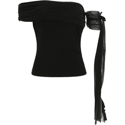 Schuine Schouder Streamer Meter Gebreid Dunne Top One-woord Schouder Geplooid Pure Desire T-shirt met Korte Mouwen Onderhemd L zwart