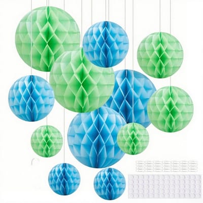 12 stuks papieren honingraatballen, 15 cm, 20 cm, 25 cm, honingraatbal, blauwe honingraat ballen, groen, hangende honingraat ballen voor verjaardag, bruiloft, afstuderen, feest