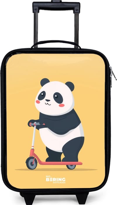 NoBoringSuitcases.com® - Kinderkoffer jongen - Kindertrolley meisje - Panda - Step - Geel - Koffer kind lichtgewicht - Reiskoffer trolley voor kinderen - Koffertje met lichtgevende wieltjes - Rolkoffer zwart