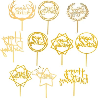 10pcs Gold Happy Birthday Acrylic Cupcake Toppers for Assorted Birthday Cake Dessert Pastry Decoration Girls Kids Baby - ShopVlot