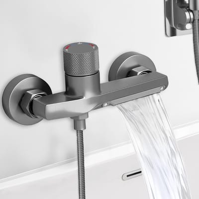 Dailygoods - Douchethermostaat, douche-armatuur, mengkraan douche met veiligheidsknop, waterval, badkraan, 2 uitlaten, thermostaat, douchethermostaat, douchekranen, messing douchethermostaat