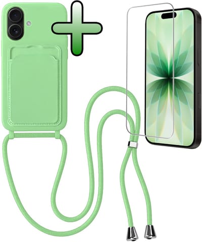 Hoes Geschikt voor iPhone 17 Hoesje Pas Houder Case Hoes Met Koord Met Screenprotector - Hoesje Geschikt voor iPhone 17 Hoes Met Telefoonkoord Pasjeshouder Cover - Groen