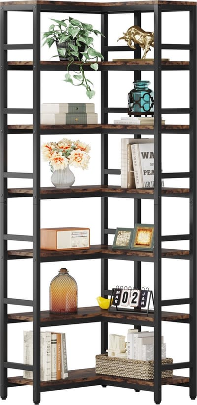 TRIBESIGNS - Boekenkast - Hoek boekenkast met 7 Planken - Industrieel - Spaanplaat - Bruin/Zwart - 60 x 60 x 200 cm