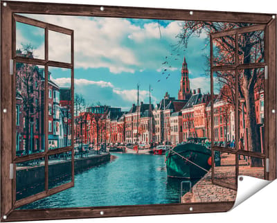 Gards Tuinposter Doorkijk Gracht in Groningen - 150x100 cm - Tuindoek - Tuindecoratie - Wanddecoratie buiten - Tuinschilderij