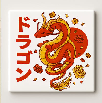Japanse Draak Keramische Tegel 15x15cm – Oosterse Kunst Wanddecoratie – Mythisch Rode Draak Ontwerp voor Huis & Cadeau