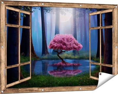 Gards Tuinposter Doorkijk Roze Boom op een Vijver in de Nacht - 120x80 cm - Tuindoek - Tuindecoratie - Wanddecoratie buiten - Tuinschilderij
