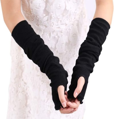 Dames Lange Stretch Vingerloze Handschoenen Gebreide Duimopening Armwarmers Oversleeve Arm Sleeve - Lotus Leaf Edge Style - Zwart