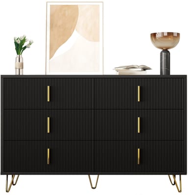 Zwart Sideboard met 6 Lades en Gouden Handgrepen – Moderne Dressoirkast 120 cm, Opbergkast voor Woonkamer, Eetkamer of Slaapkamer