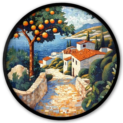 Poster in lijst Rond - Fotolijst 40x40 cm - Posters - Huizen - Mozaïek - Sinaasappelbomen - Zee - Ronde posterlijst zwart - Decoratie - Wanddecoratie woonkamer - Muurdecoratie slaapkamer