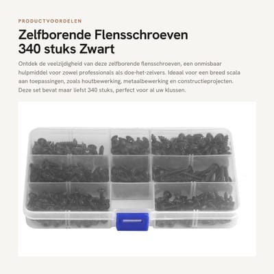 Dailygoods- Flensschroeven Set - 340 Stuks - Zwart - Corrosiebestendig - Roestbescherming - Kleurgecodeerde Dozen - Hoogwaardige Kwaliteit - Schroeven