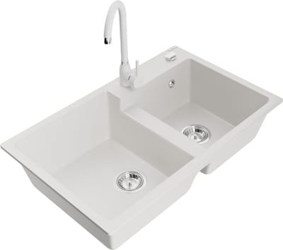 Mexen Tomas granieten spoelbak 2-kamer met keukenmengkraan Telma, wit - 6516-20-670200-20